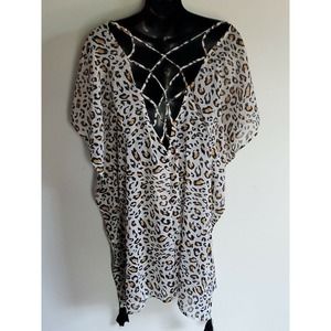 New Palisades Beach Club Sheer Leopard Print Swim Cover Up XS Brown Black White